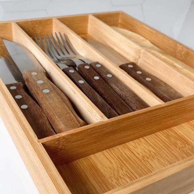 Porta Talheres de Bambu Extensível – Organização com elegância  nas suas Gavetas