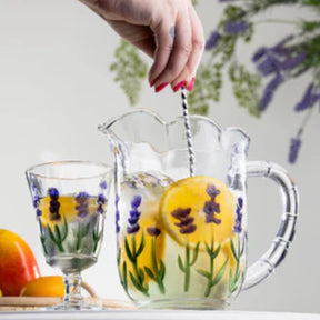 Conjunto com Jarra e 6 Taças  Lavanda/Coqueiro em Cristal – Pintura Manual | Mesa Posta com Sofisticação