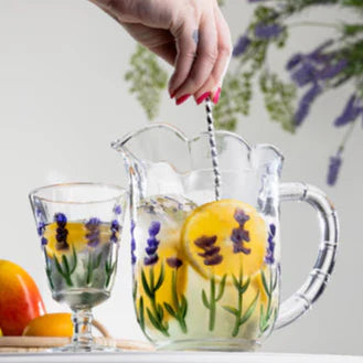 Conjunto com Jarra e 6 Taças  Lavanda/Coqueiro em Cristal – Pintura Manual | Mesa Posta com Sofisticação