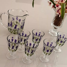 Conjunto com Jarra e 6 Taças  Lavanda/Coqueiro em Cristal – Pintura Manual | Mesa Posta com Sofisticação