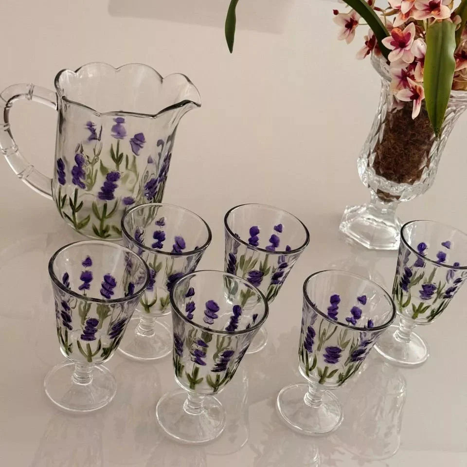 Conjunto com Jarra e 6 Taças  Lavanda/Coqueiro em Cristal – Pintura Manual | Mesa Posta com Sofisticação