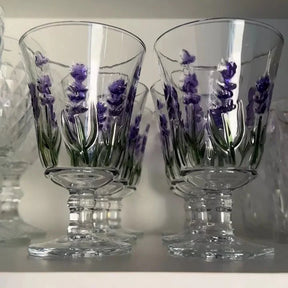 Conjunto com Jarra e 6 Taças  Lavanda/Coqueiro em Cristal – Pintura Manual | Mesa Posta com Sofisticação