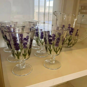 Conjunto com Jarra e 6 Taças  Lavanda/Coqueiro em Cristal – Pintura Manual | Mesa Posta com Sofisticação