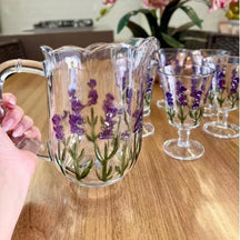 Conjunto com Jarra e 6 Taças  Lavanda/Coqueiro em Cristal – Pintura Manual | Mesa Posta com Sofisticação