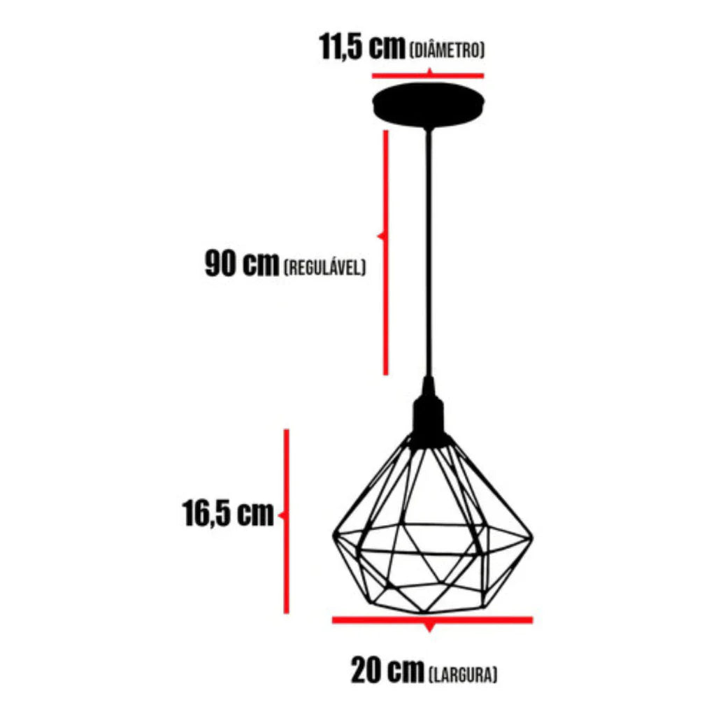 Luminária Pendente Aramado Diamante – Kit com 3 Unidades | Estilo Retrô Moderno para um Lar com Personalidade