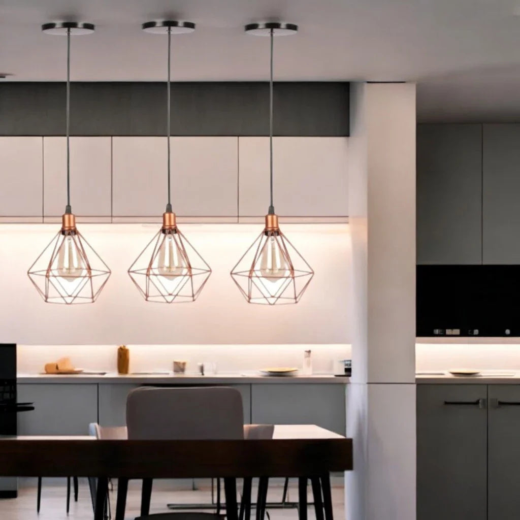 Luminária Pendente Aramado Diamante – Kit com 3 Unidades | Estilo Retrô Moderno para um Lar com Personalidade