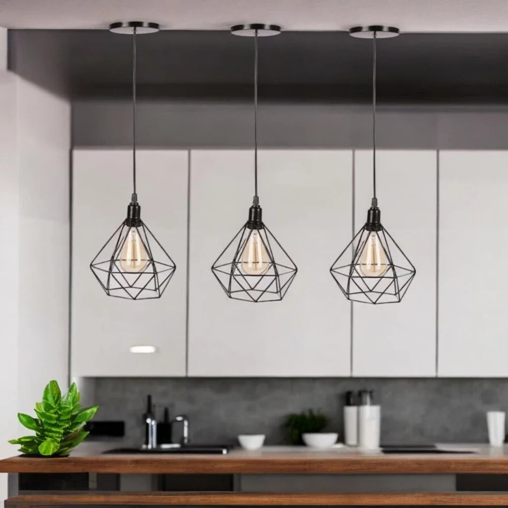 Luminária Pendente Aramado Diamante – Kit com 3 Unidades | Estilo Retrô Moderno para um Lar com Personalidade