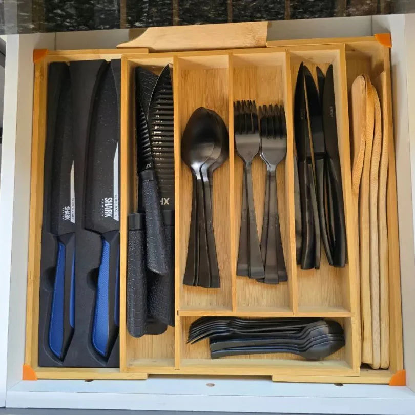 Porta Talheres de Bambu Extensível – Organização com elegância  nas suas Gavetas